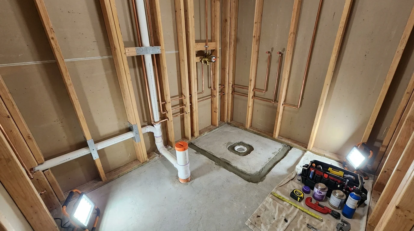 Bathroom rough-in plumbing during remodel by Johns Plumbing LLC in Colchester