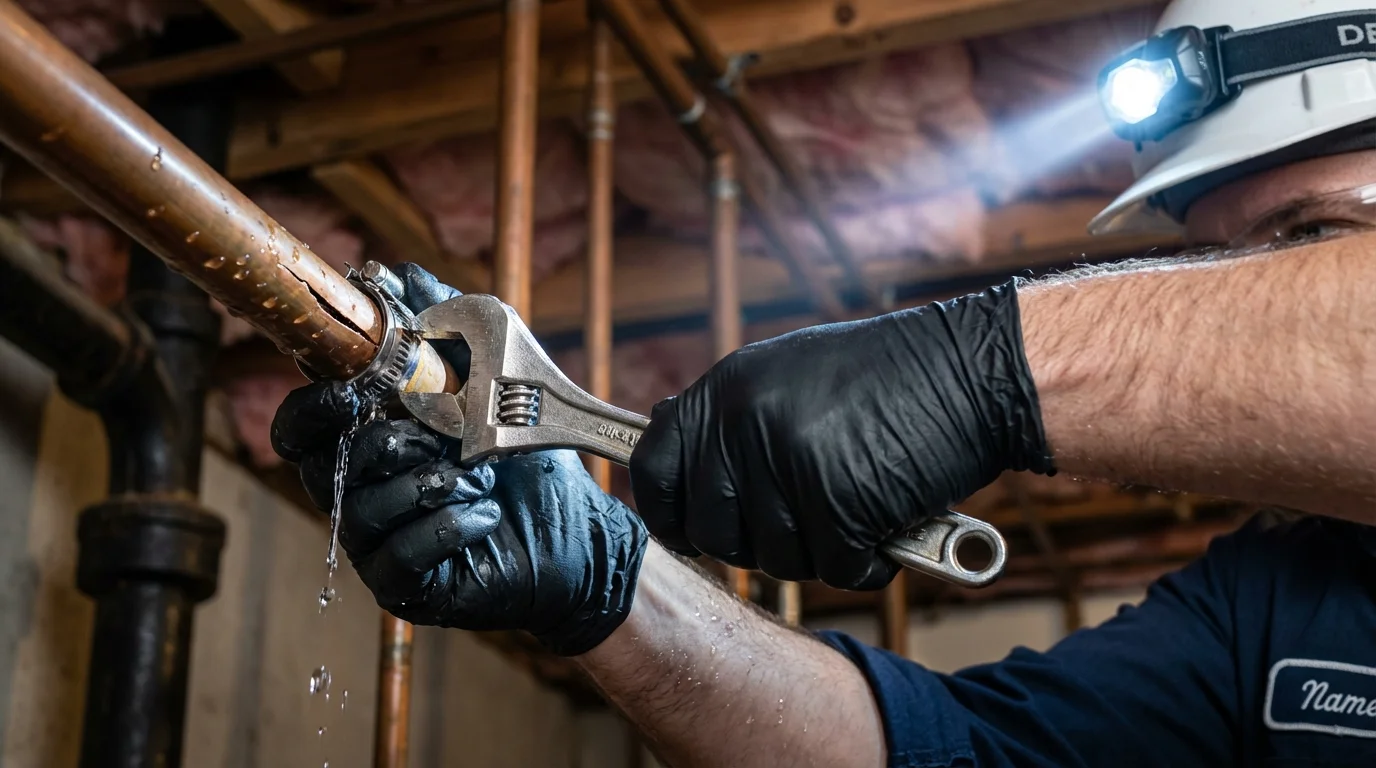 Emergency pipe clamp repair being performed by a Johns Plumbing LLC plumber in Colchester