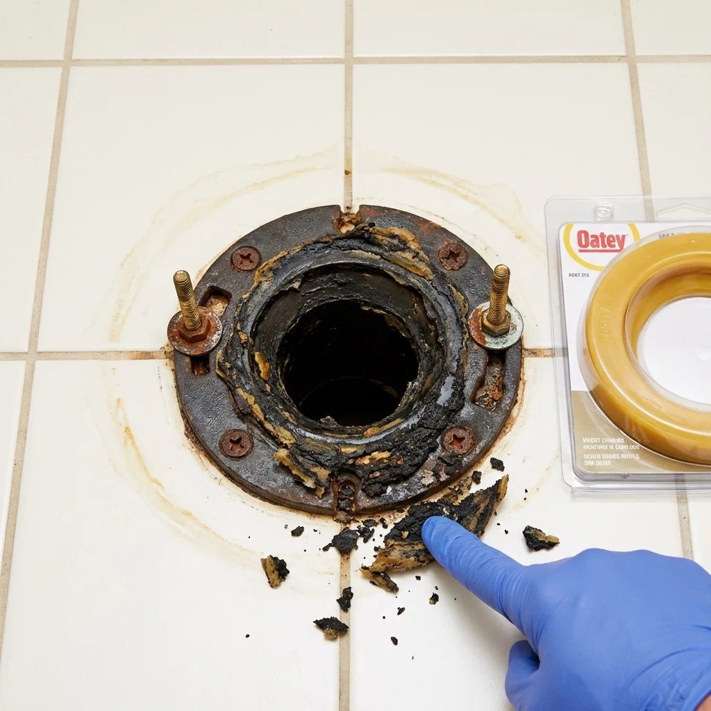Failed wax ring showing water seepage at the base of a toilet in a Colchester, IL home