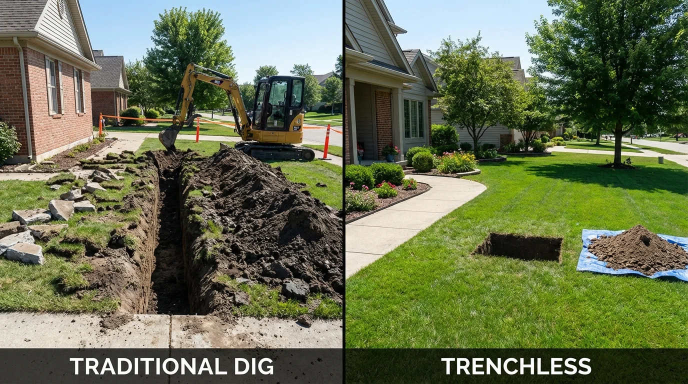 Trenchless sewer repair with minimal yard damage versus traditional excavation in Colchester, IL