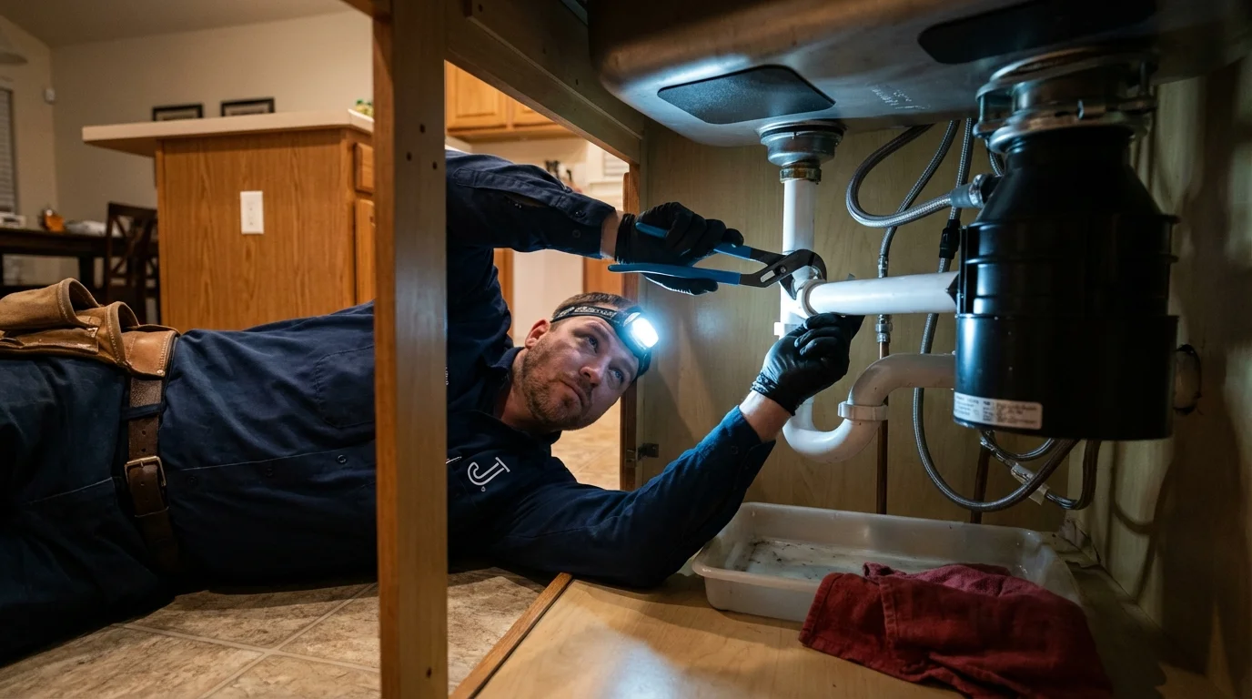 P-trap and supply line connections under a kitchen sink showing a common leak point in Colchester, IL